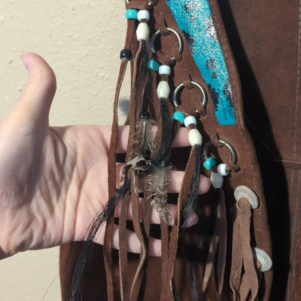 Brown Suede Fringe Vest with Hand Painted Eagle and Feathers - Picture 5 of 8